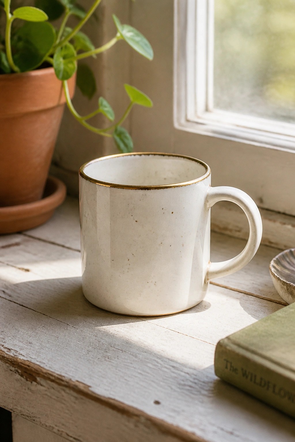 White mug with gold rim on sunlit wooden windowsill beside potted plant and book