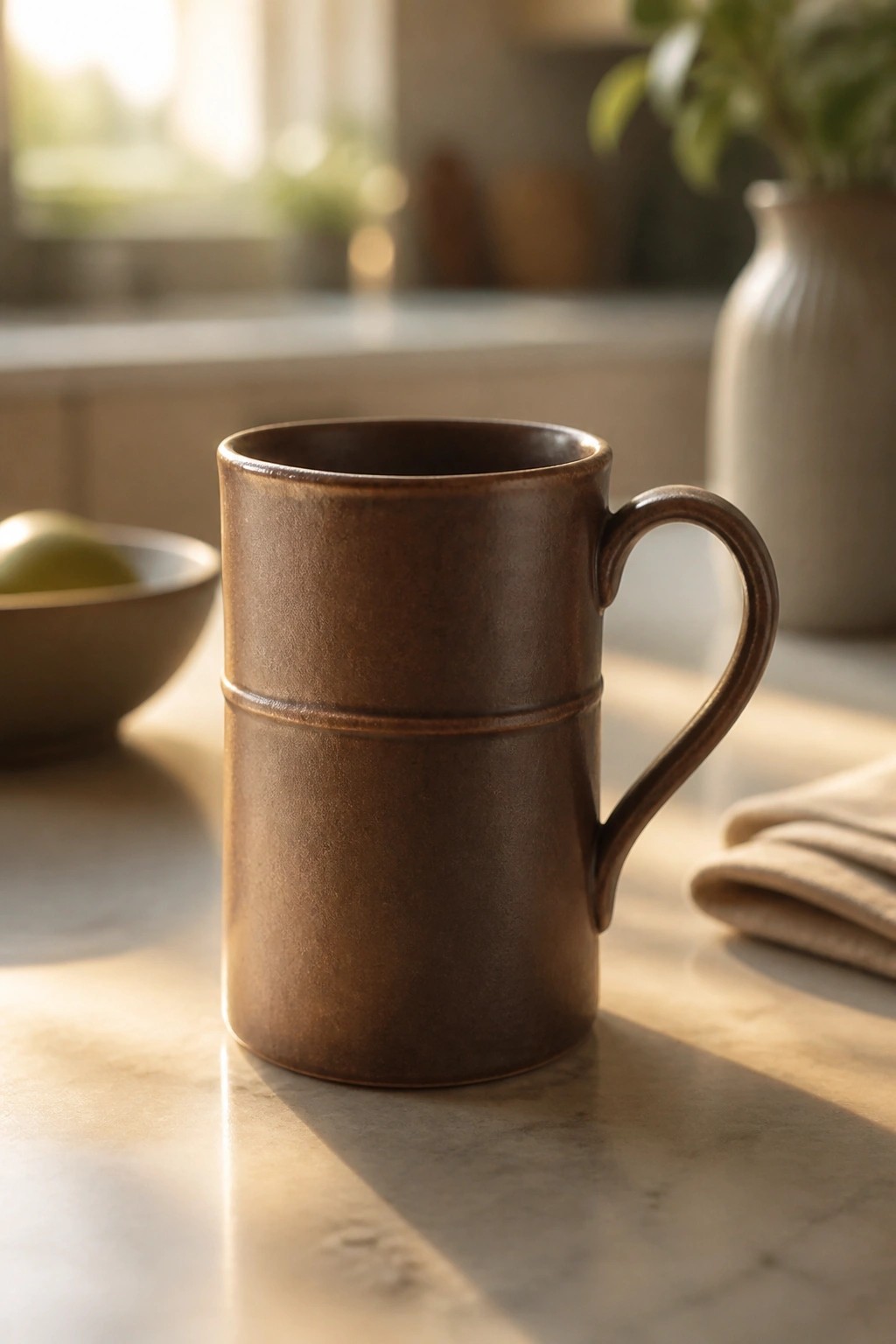 Brown ceramic mug with handle on sunlit marble kitchen countertop in soft light