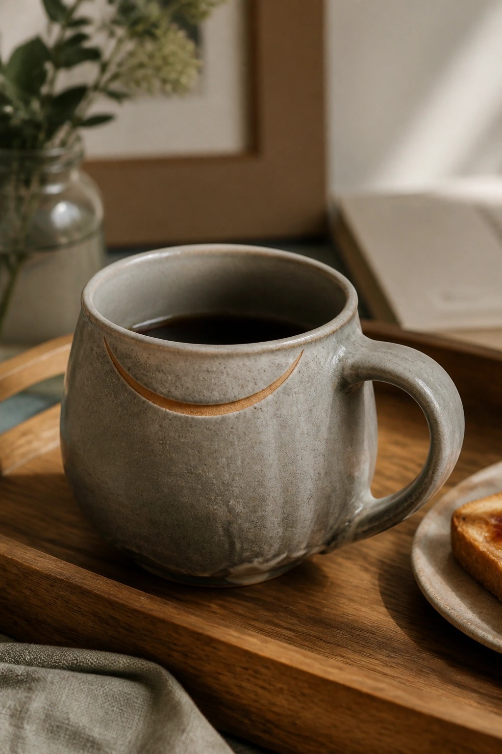 Gray ceramic mug with gold crescent moon on wooden tray beside toast