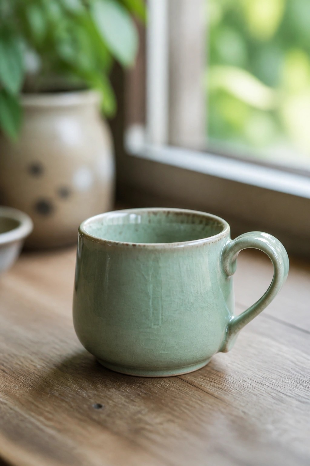 Light green ceramic mug on wooden table by sunlit window with plant
