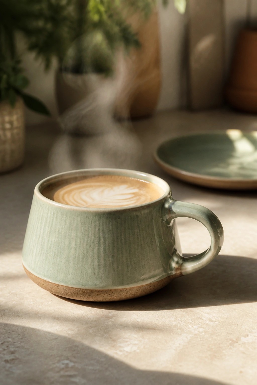 Green ceramic mug with latte art and rising steam on sunlit table