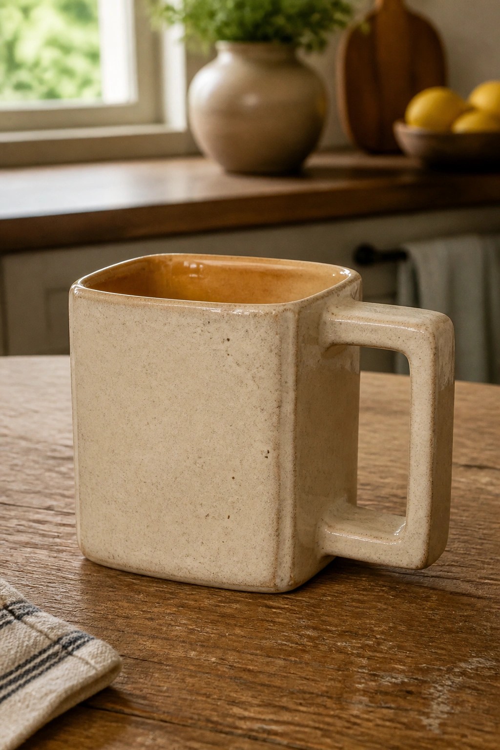 Square beige ceramic mug with handle on rustic wooden table