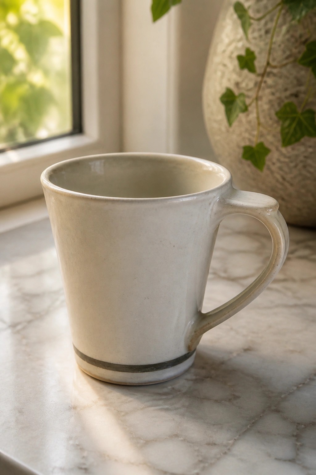 White ceramic mug with gray base band on marble by sunlit window and ivy