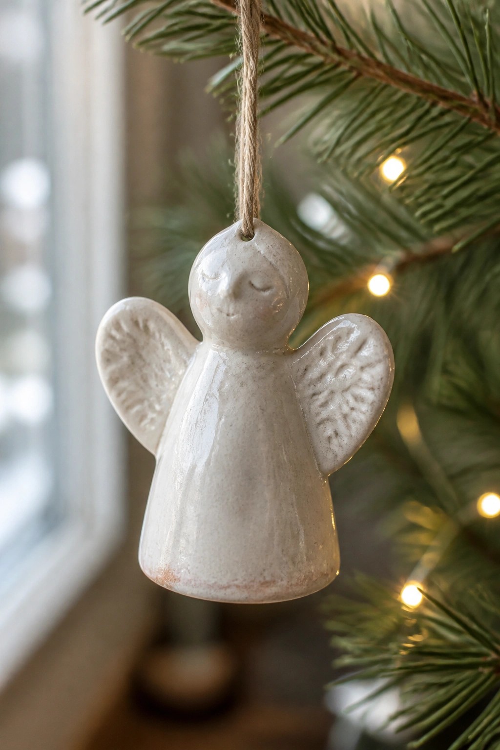 White ceramic angel ornament with wings hanging from pine Christmas tree branch