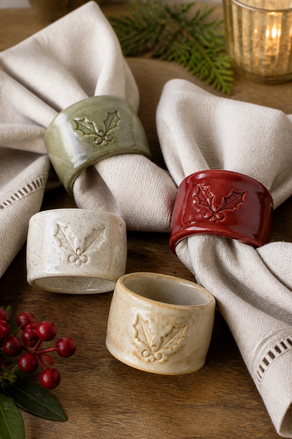 Ceramic napkin rings with holly designs in red, green, and white on linens