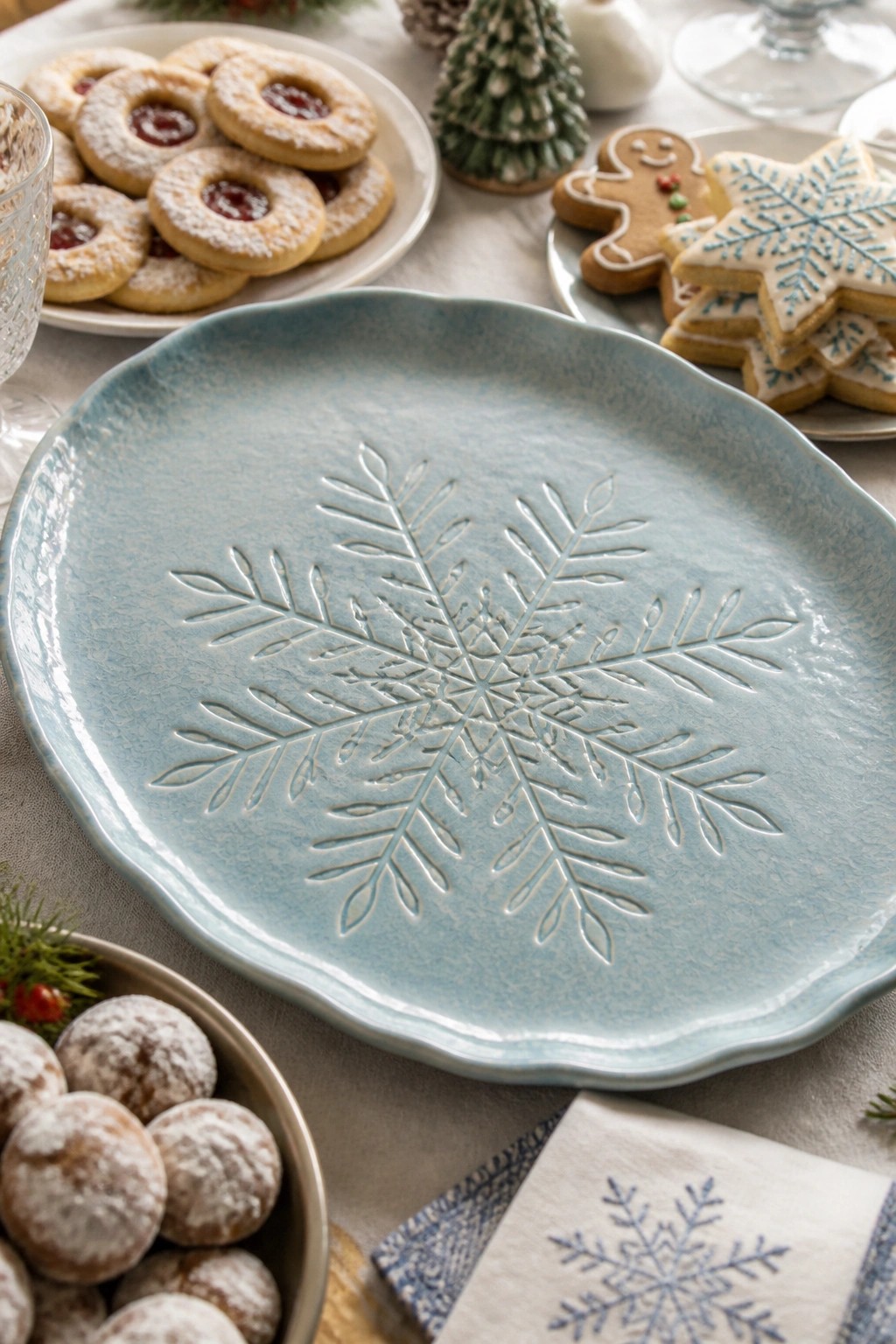 Light blue snowflake plate surrounded by Christmas cookies, gingerbread, and powdered treats