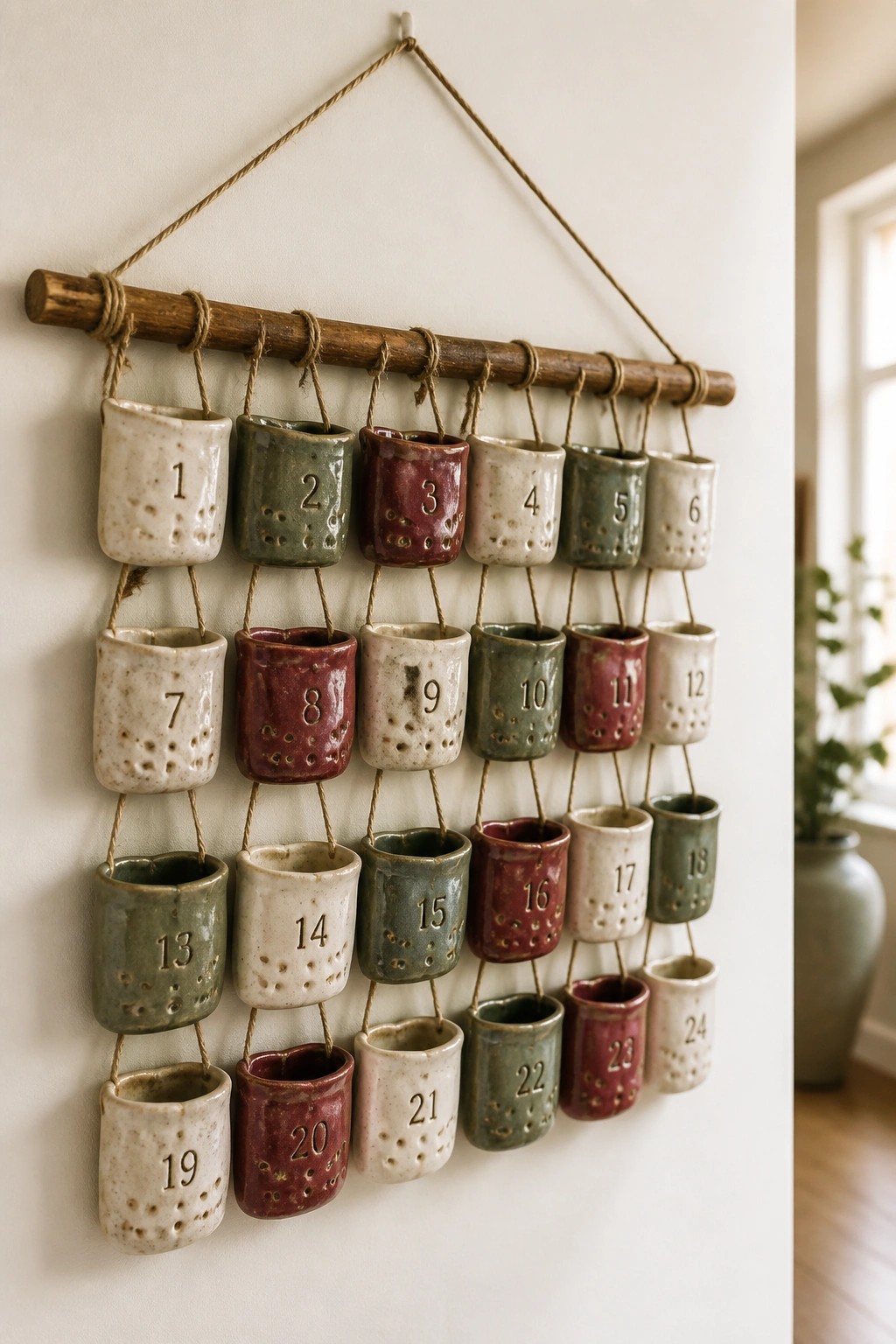 Rustic ceramic advent calendar with 24 numbered pots hanging from wooden rod on wall