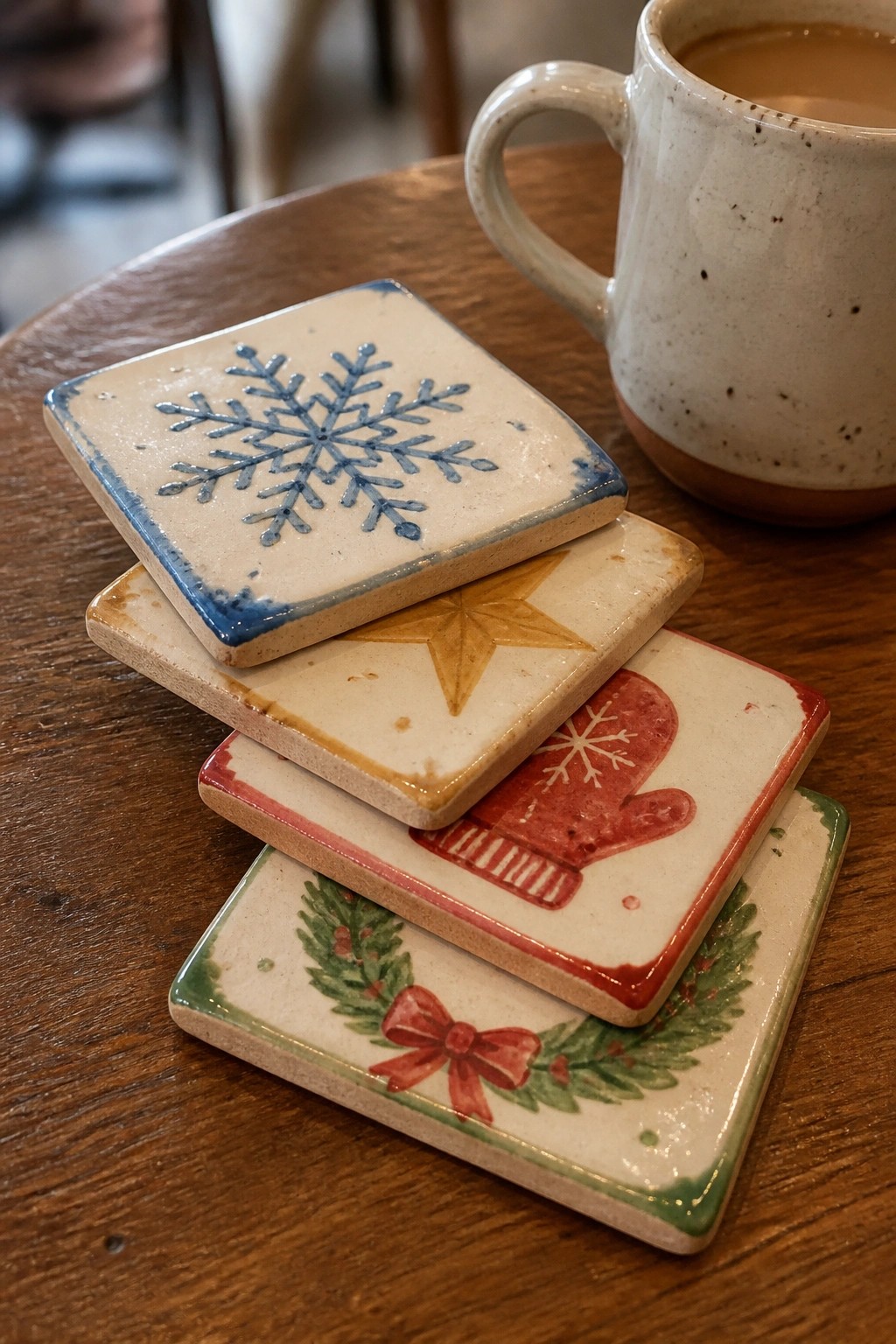 Four festive ceramic coasters with holiday designs stacked beside a speckled mug on wood.