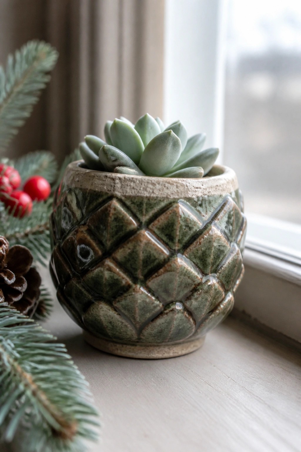 Succulent in green patterned pot on windowsill with pine branches and berries.