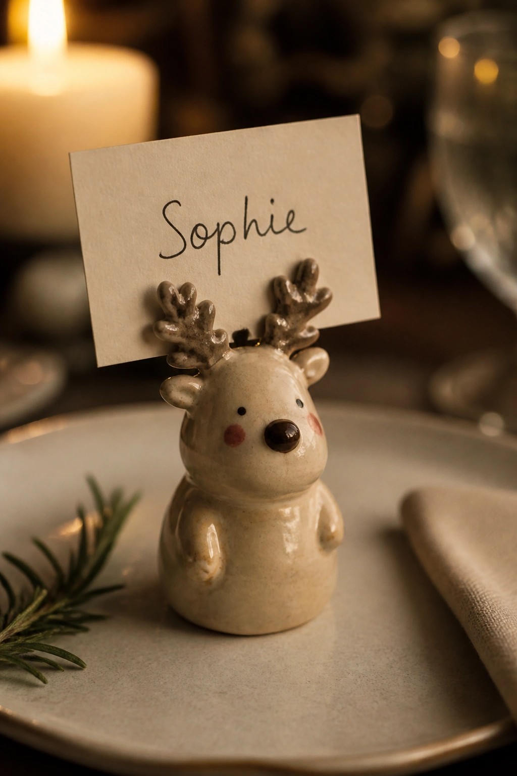 A small ceramic reindeer figurine holds a white place card on a dinner plate next to a sprig of rosemary.
