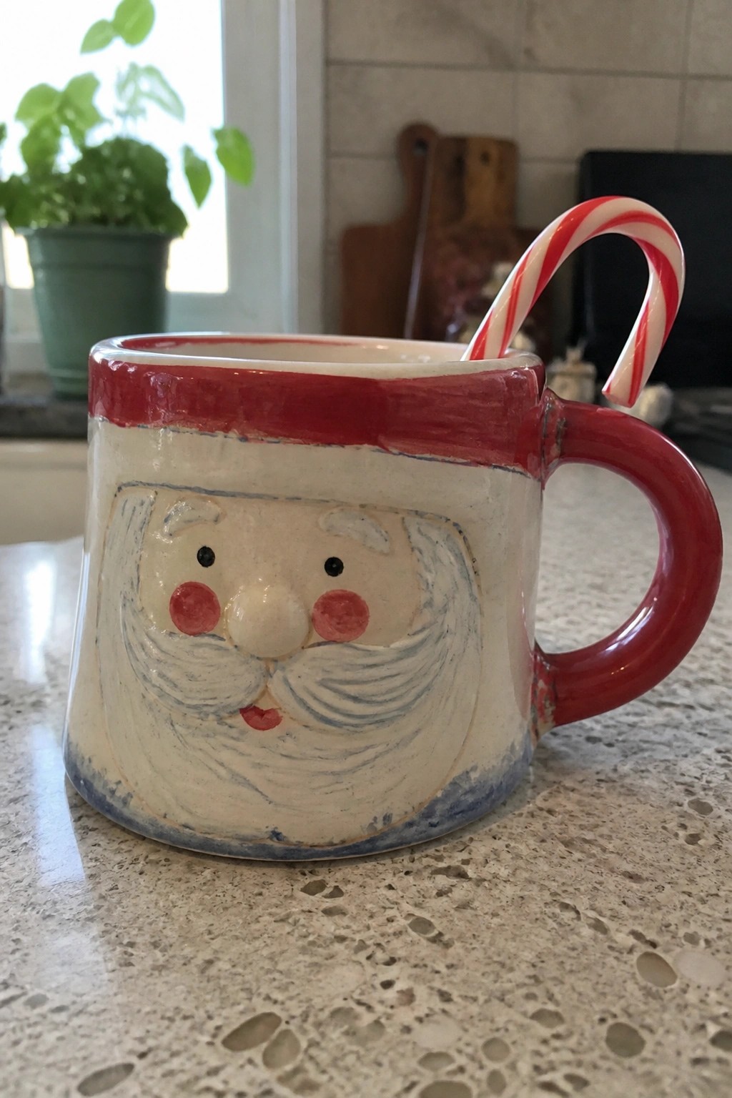 Santa Claus ceramic mug with red handle and candy cane on counter