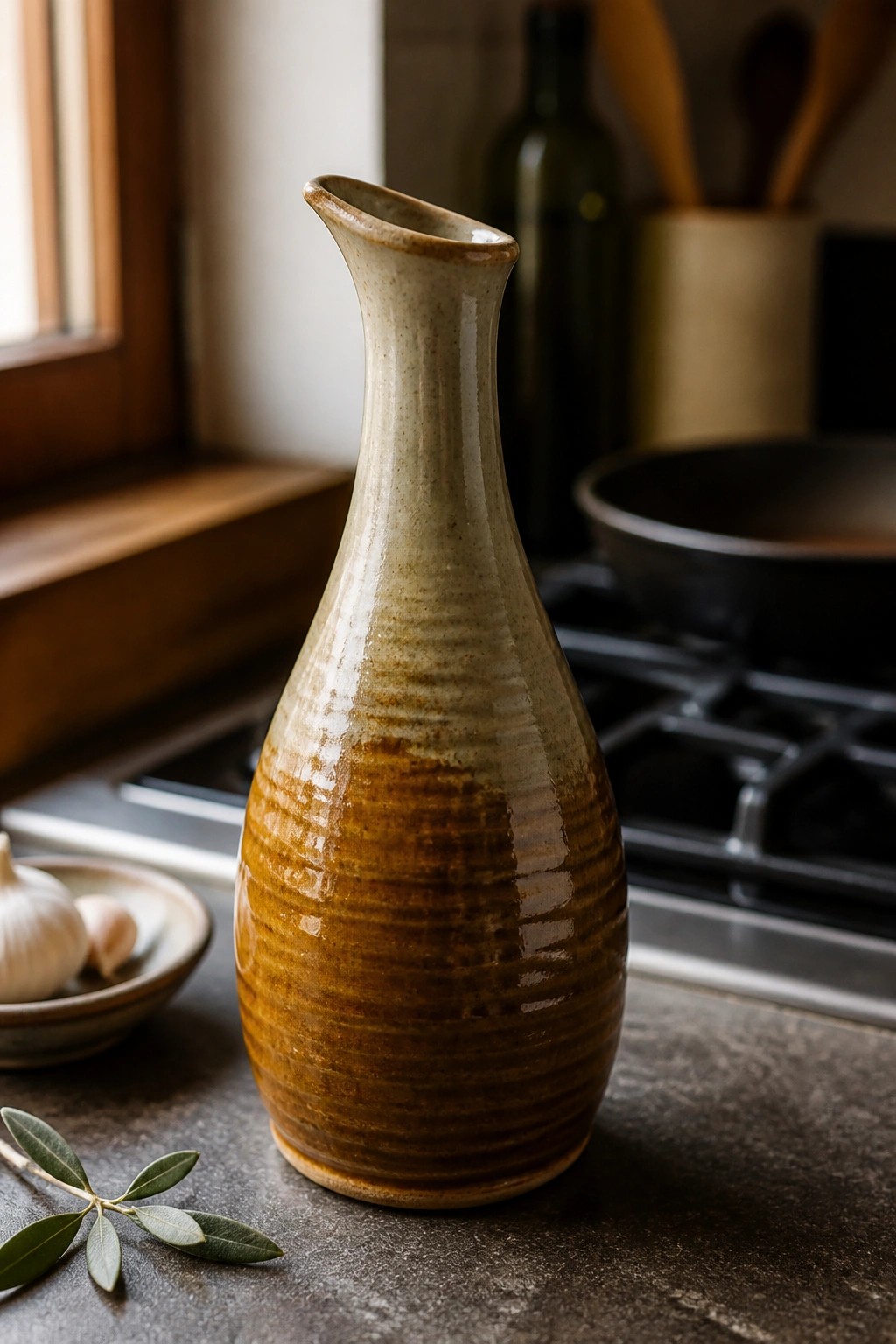 Brown ceramic vase on kitchen counter with garlic cloves and olive leaves.