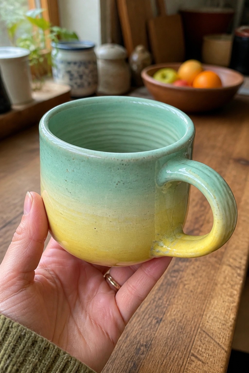 Hand in green knit sweater holds gradient green-yellow ceramic mug on wood.