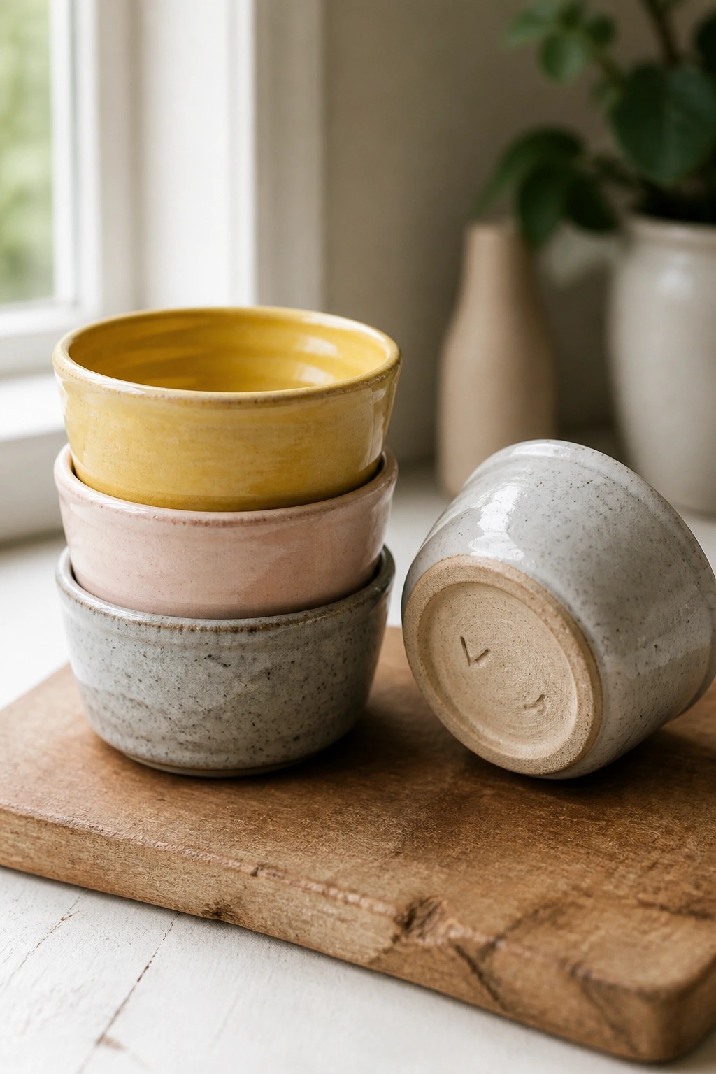 Stacked yellow, pink, and gray ceramic bowls on wood, one overturned showing base.