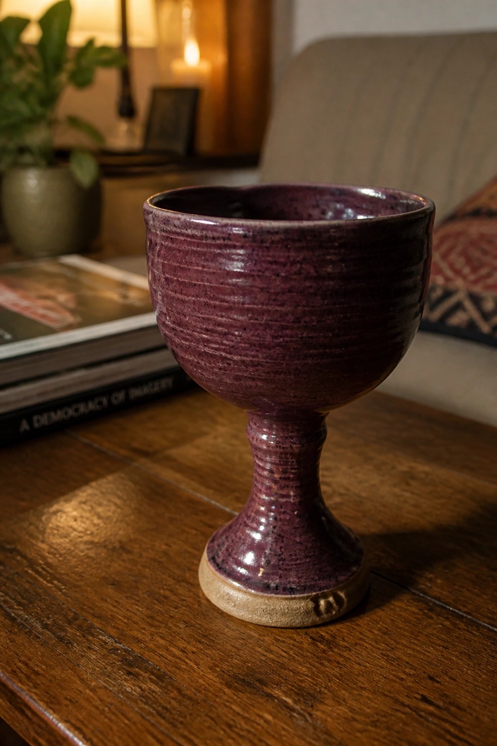 Purple ceramic goblet on wooden table beside book and plant in room