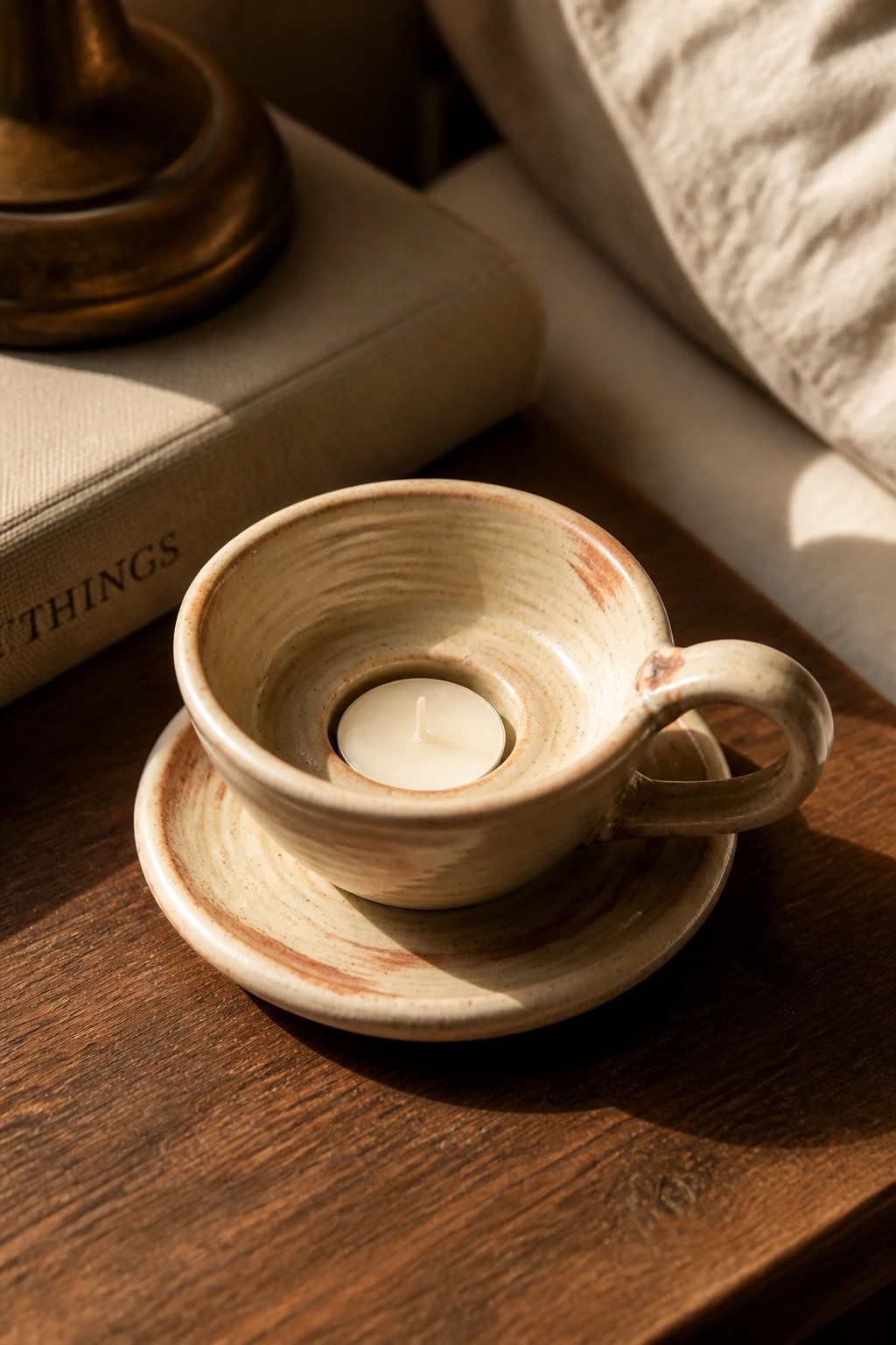 Ceramic cup and saucer holding lit tea light on wooden table beside book.