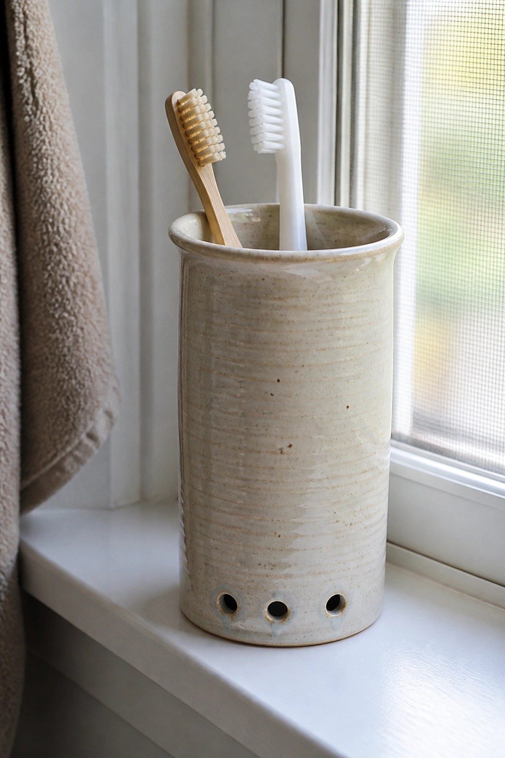 Two toothbrushes in a beige ceramic holder on a white windowsill beside a towel.
