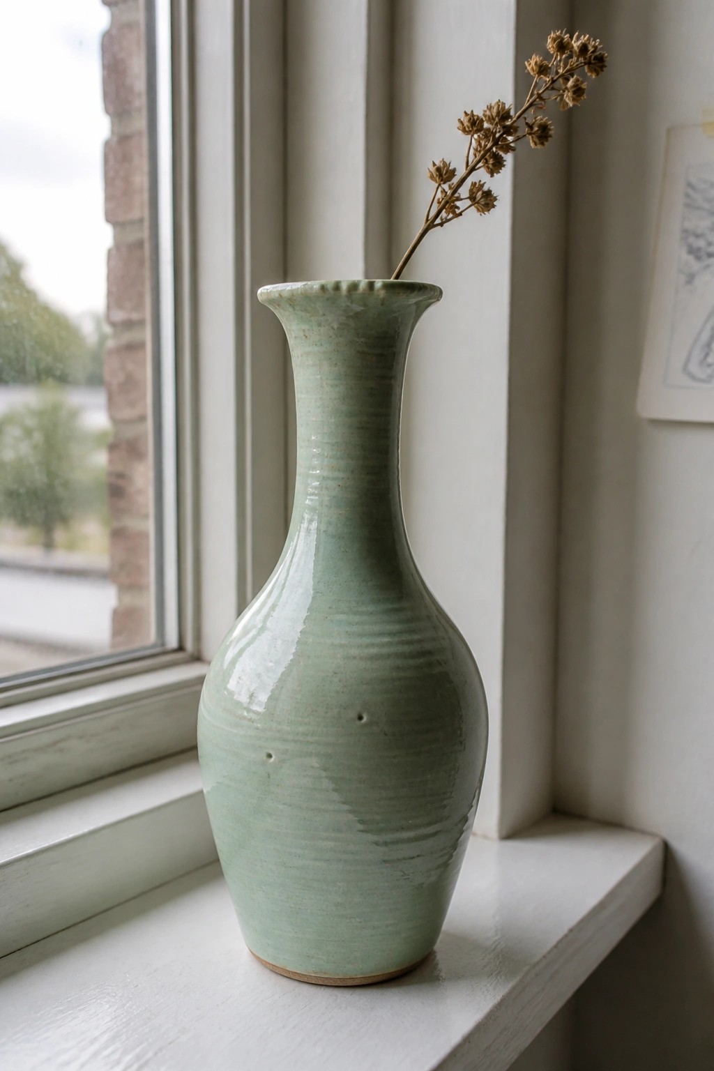 Pale green ceramic vase with dried stems on white windowsill by window