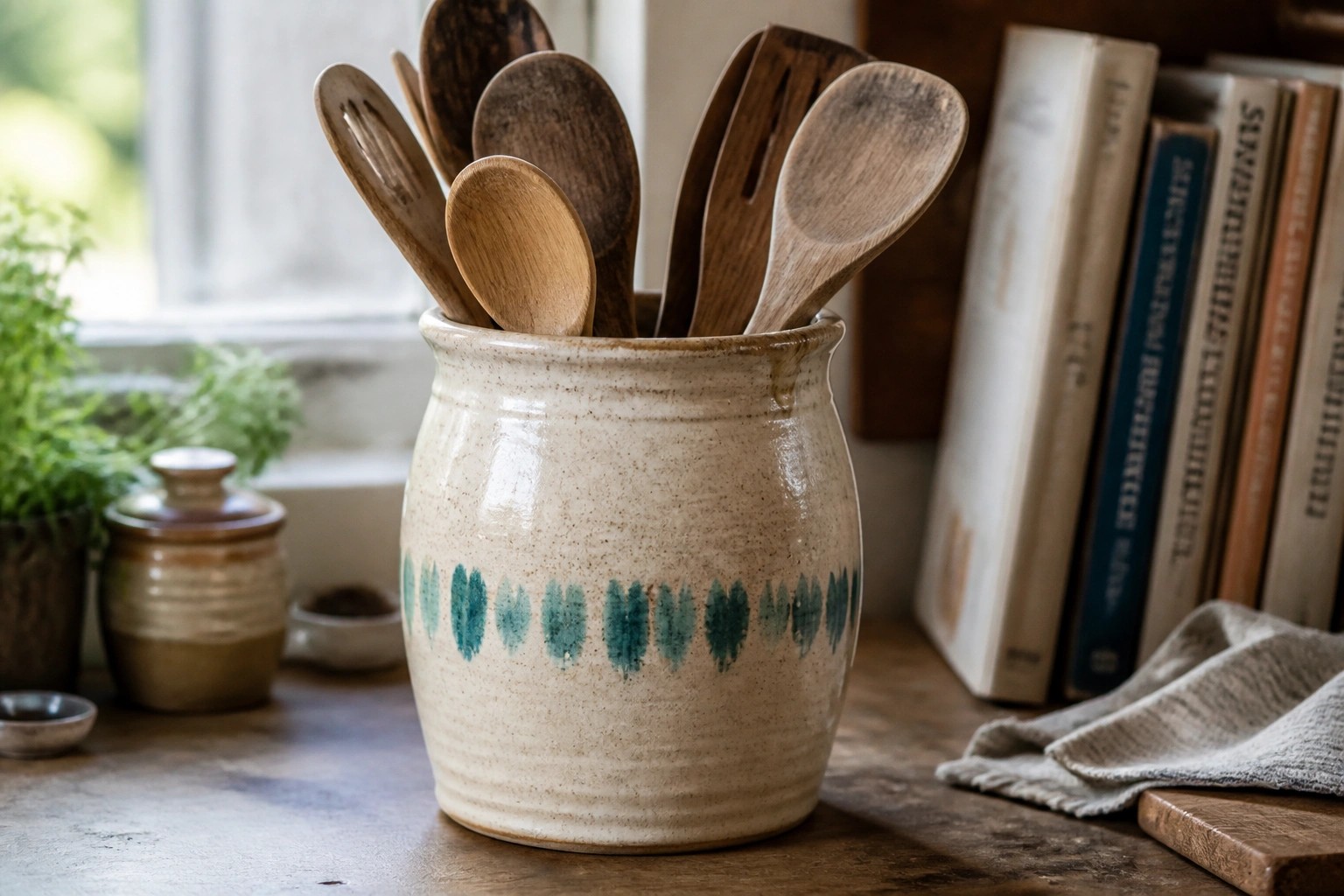Rustic ceramic crock with green stripes holding wooden spoons on kitchen counter