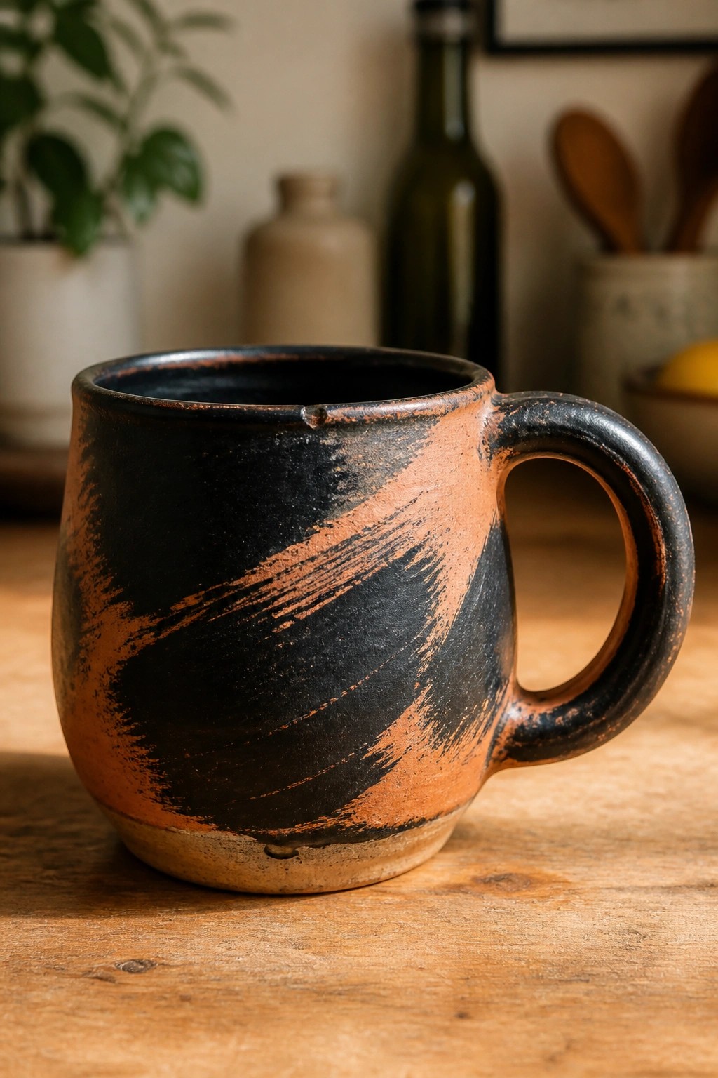 Rustic black ceramic mug with orange brushstrokes and handle on wooden table
