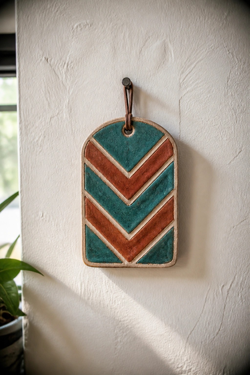 Ceramic plaque with teal and terracotta chevron pattern hanging on white wall by leather strap.