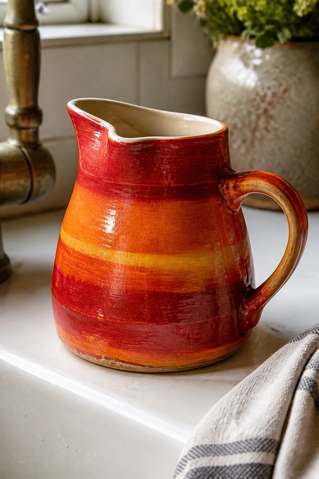 A ceramic pitcher with horizontal red to orange glaze bands sits on a white countertop.