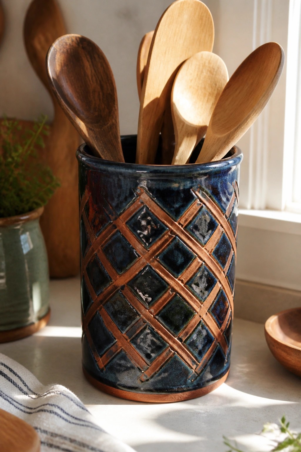 Blue ceramic crock with copper lattice pattern holding wooden spoons on sunlit counter