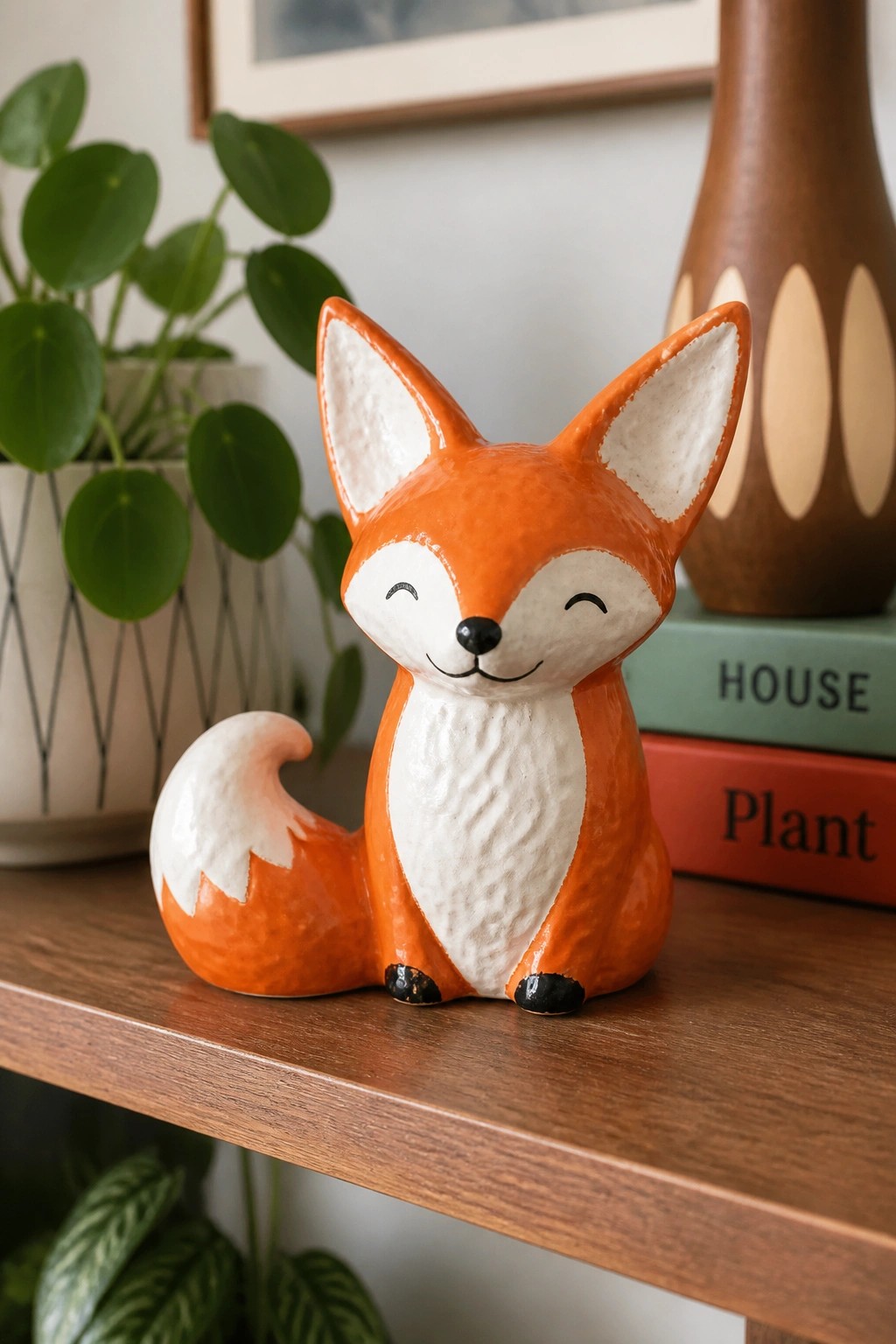 Orange ceramic fox figurine with white accents on wooden shelf beside books