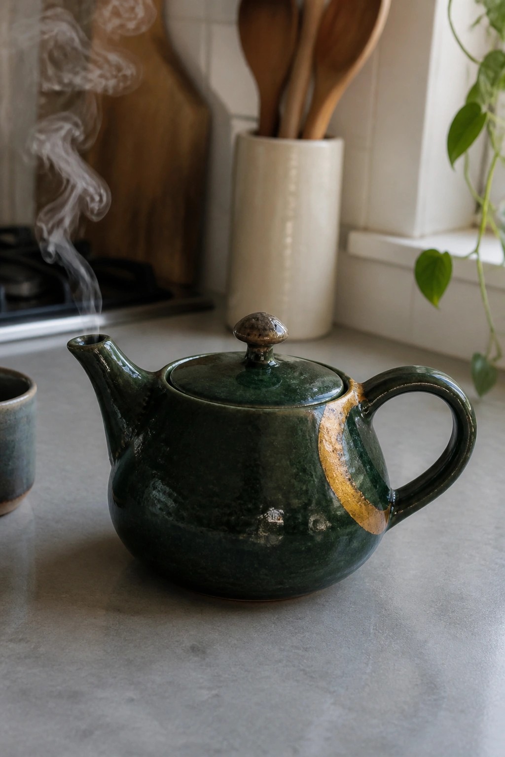Steaming dark green ceramic teapot on kitchen countertop with gold accent and steam rising