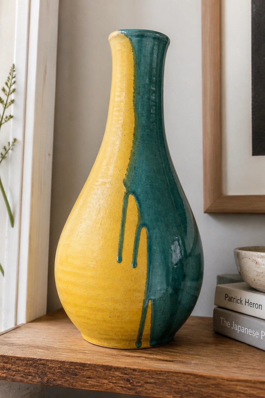 Yellow and teal ceramic vase with dripping glaze on wooden shelf