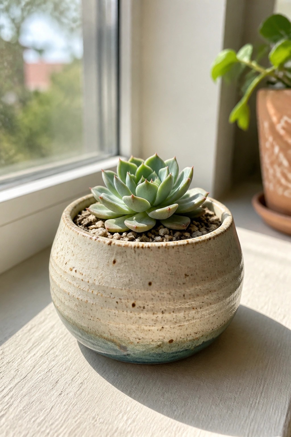 Rosette-shaped succulent in a speckled beige and blue ceramic pot on windowsill