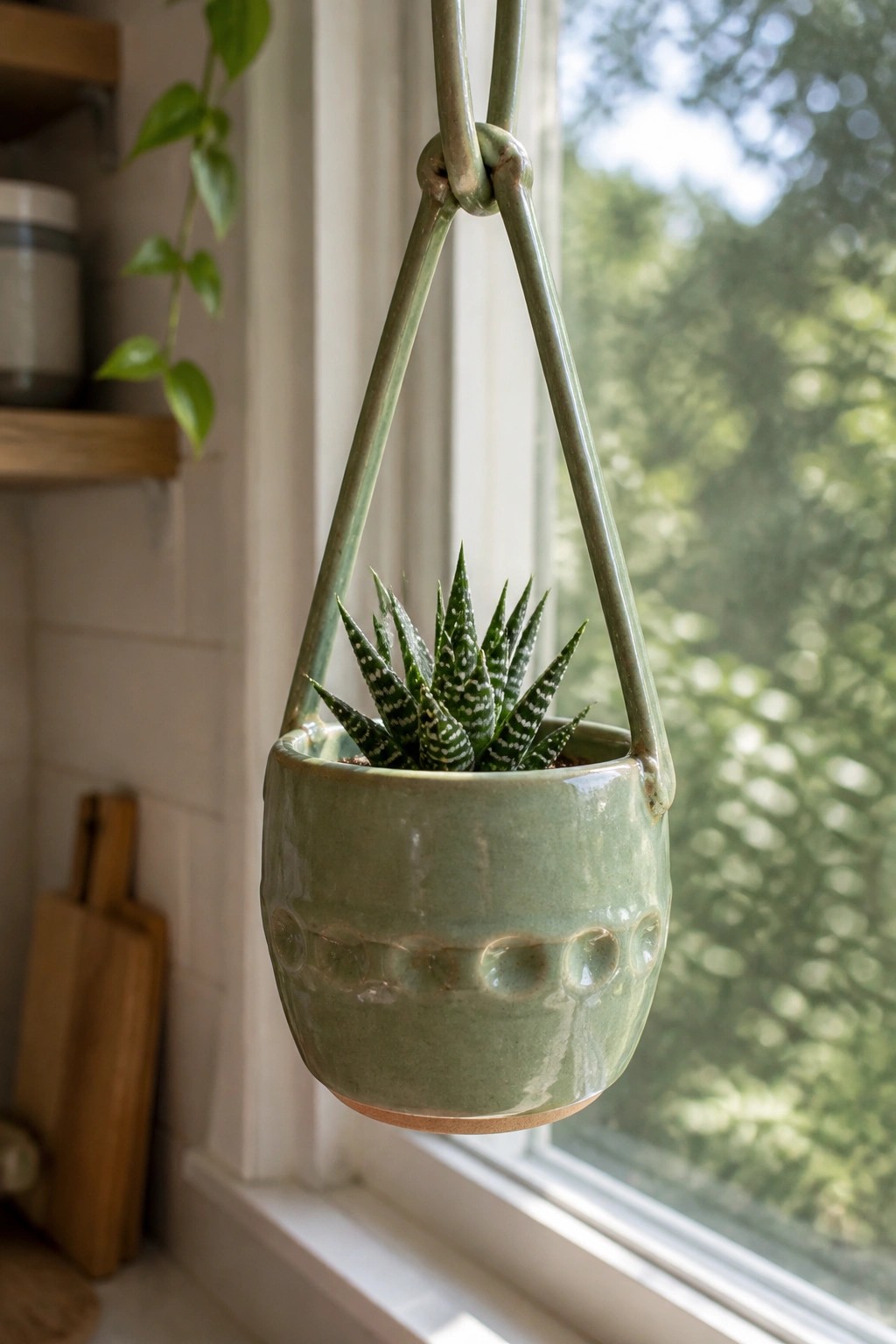Green ceramic hanging planter with spiky succulent near bright window