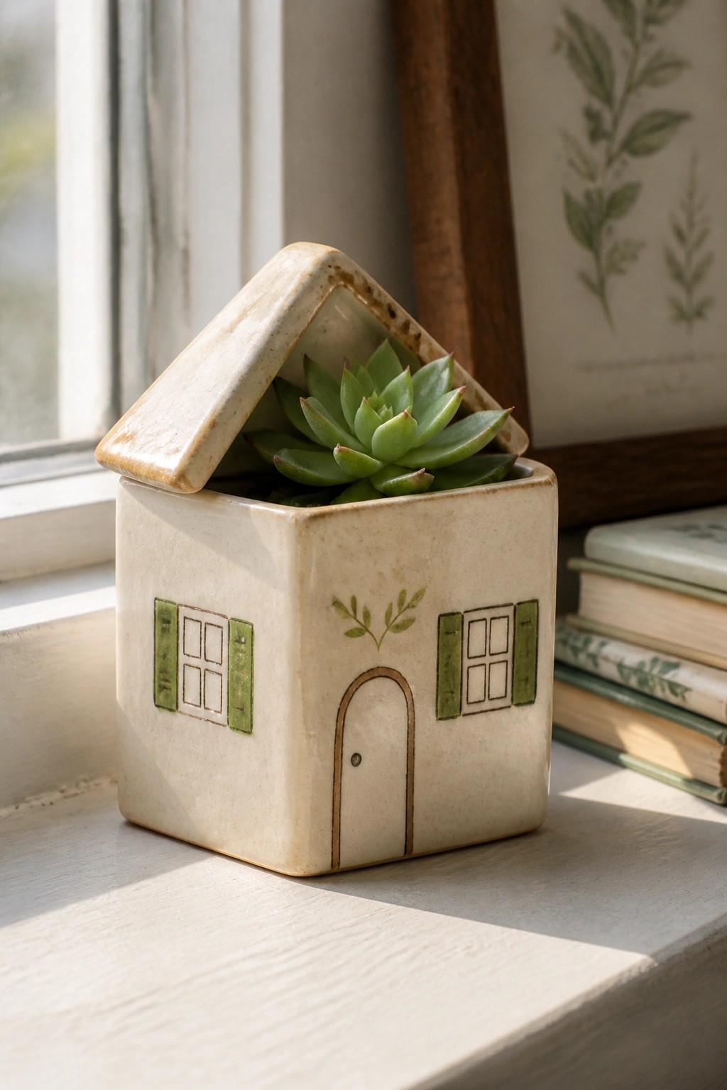 Ceramic house-shaped planter with succulent, green shutters, and door on windowsill.