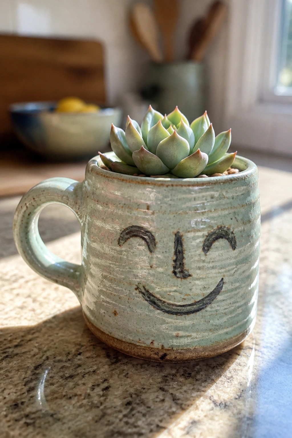 Ceramic smiley face mug holding a small green succulent on granite counter.