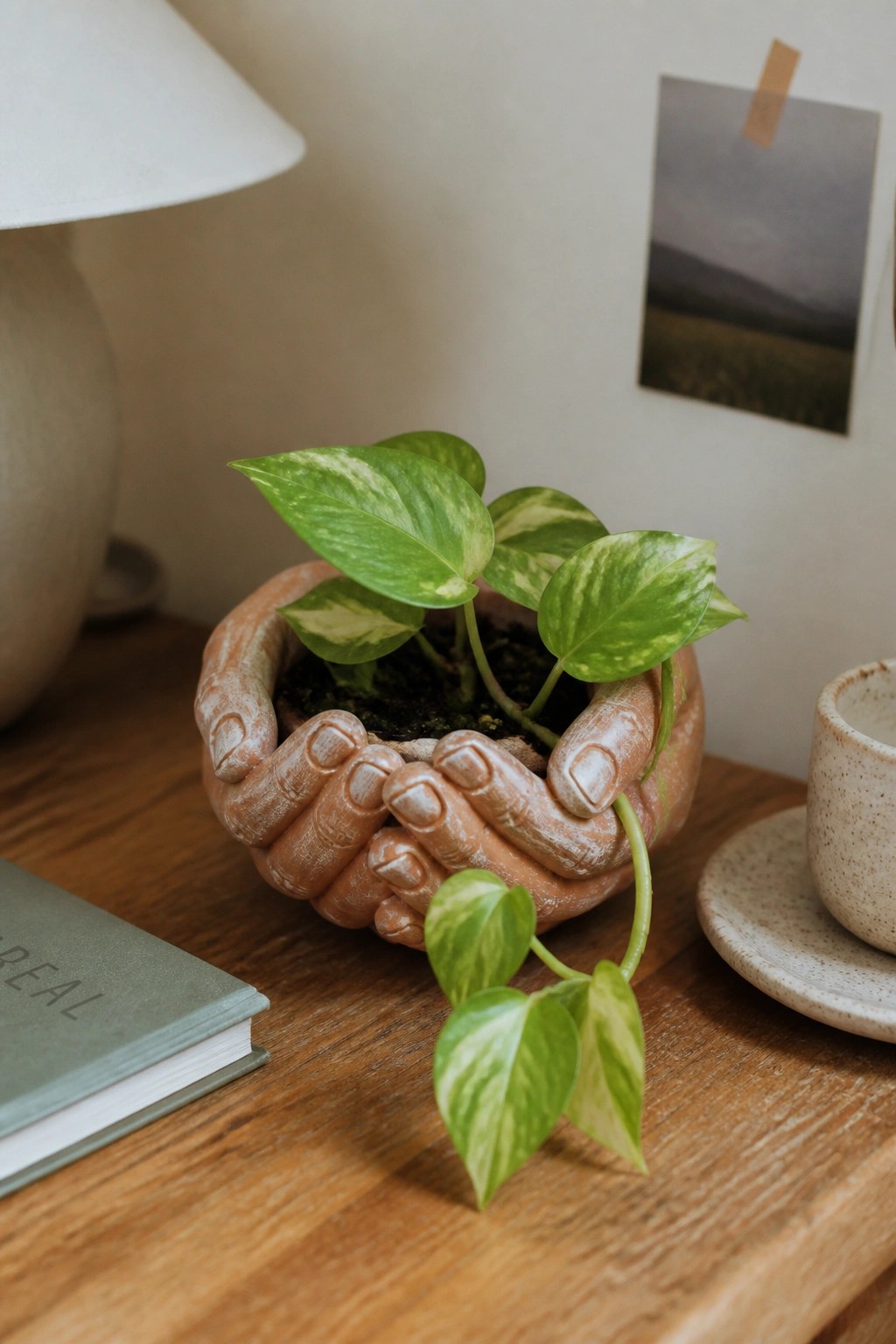 Variegated green pothos in terracotta hands-shaped pot on wooden table with book and cup