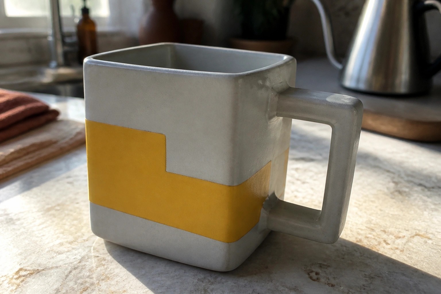 Gray square ceramic mug with yellow geometric pattern on kitchen countertop