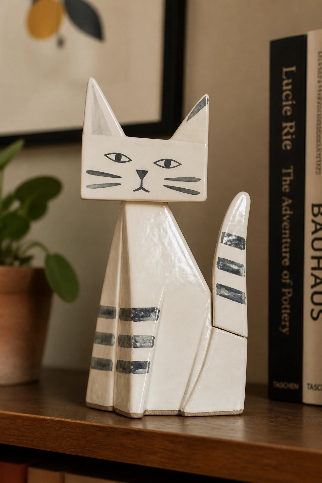 White ceramic cat figurine with black stripes on wooden surface beside books