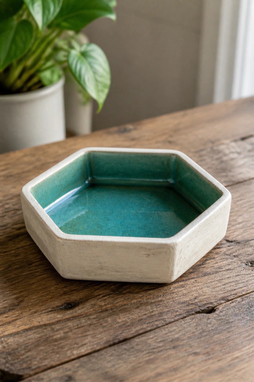 Hexagonal teal ceramic bowl on rustic wooden table with plant backdrop