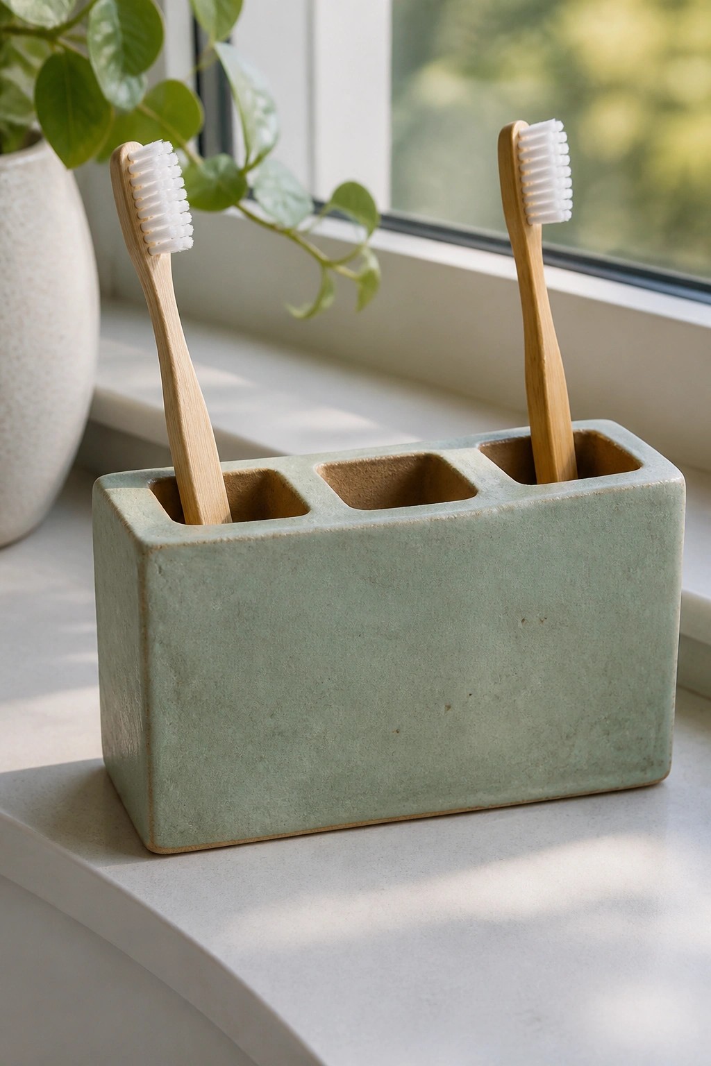 Two bamboo toothbrushes in a light green ceramic holder on a windowsill.
