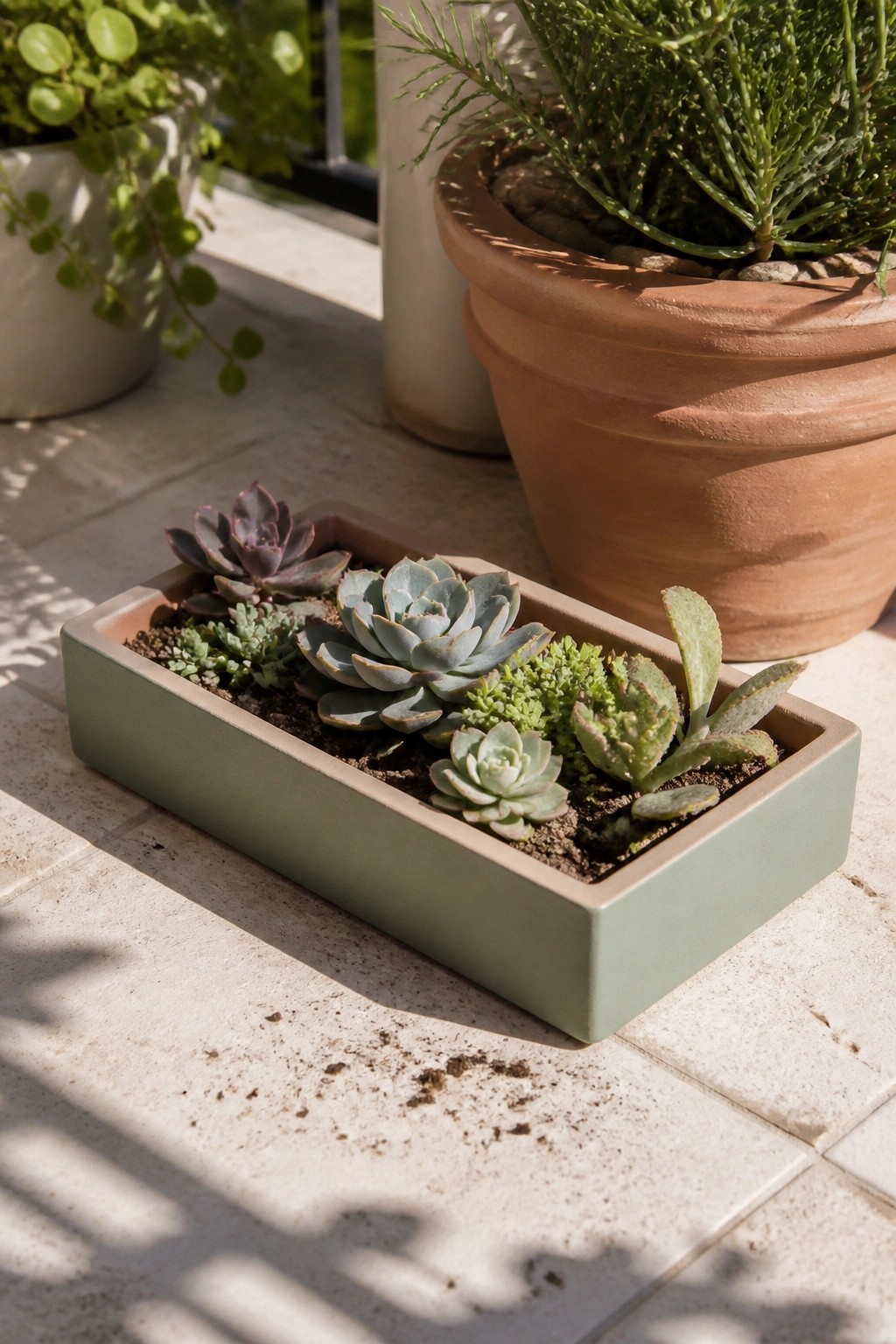 Assorted succulents in a sage green rectangular planter on sunlit patio tiles.