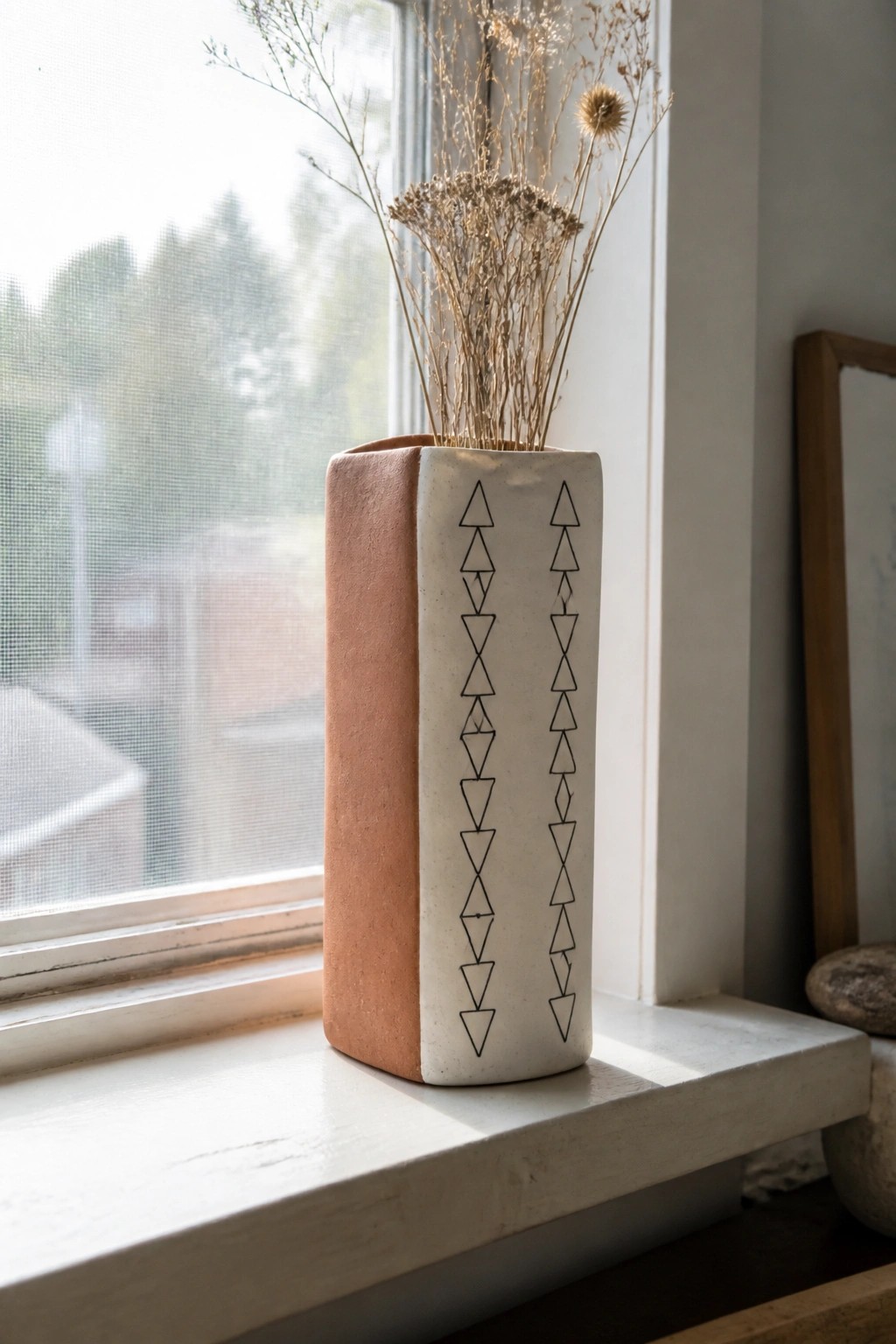 Two-toned terracotta and white vase with black triangular patterns and dried flowers on sill