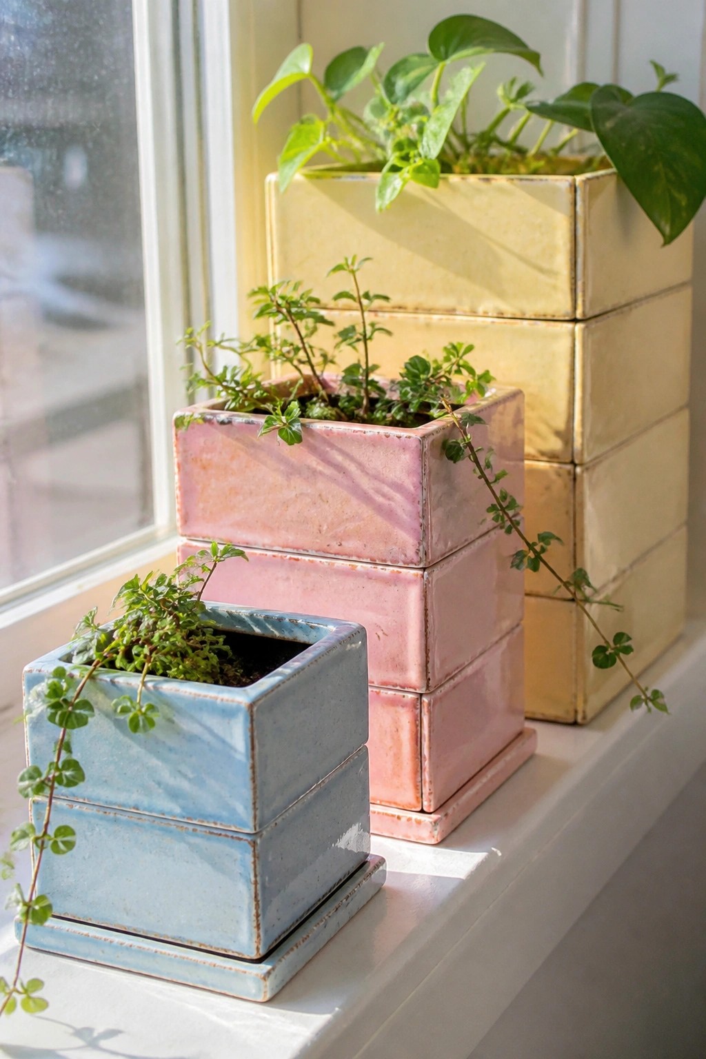 Colorful stacked ceramic planters with green plants on a sunny windowsill.