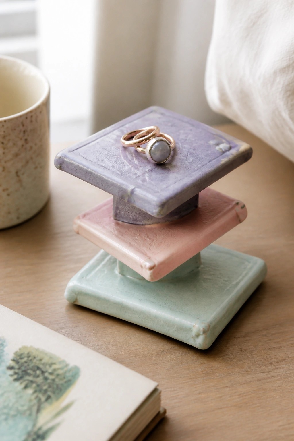 Stacked ceramic square slabs in purple, pink, and green with two rings resting on the top tier, placed on a wooden surface next to a mug and book.
