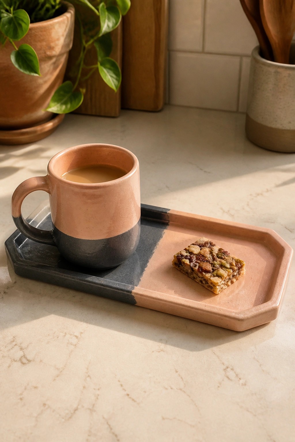 Pink and gray mug of coffee next to a nut bar on a ceramic tray.