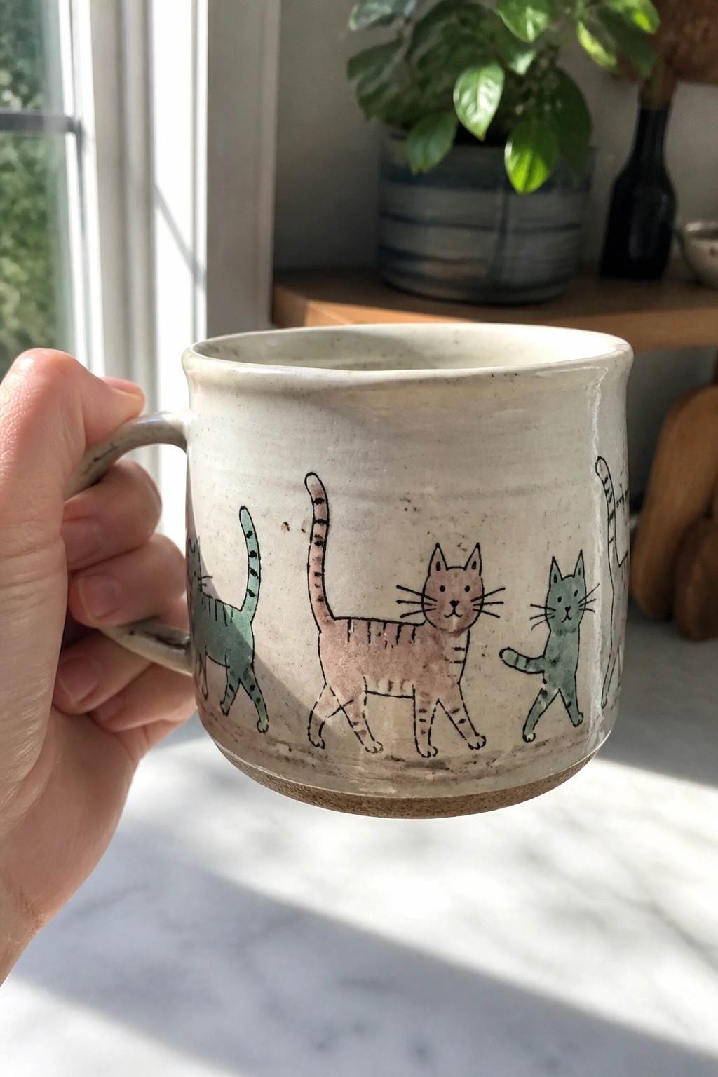 Hand holding white ceramic mug painted with walking green and pink cats