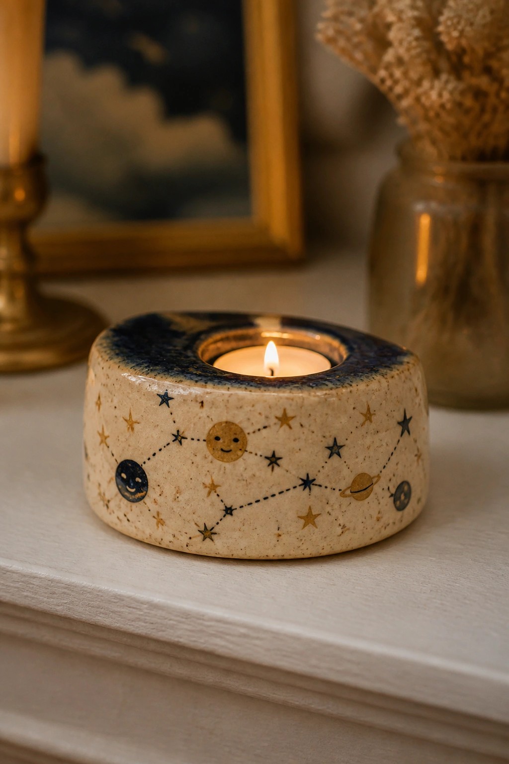 Lit candle in speckled ceramic holder decorated with stars, moon, and planets