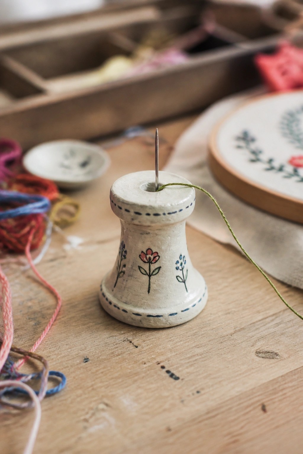 Floral-decorated ceramic spool with needle and green thread on wooden table amid supplies