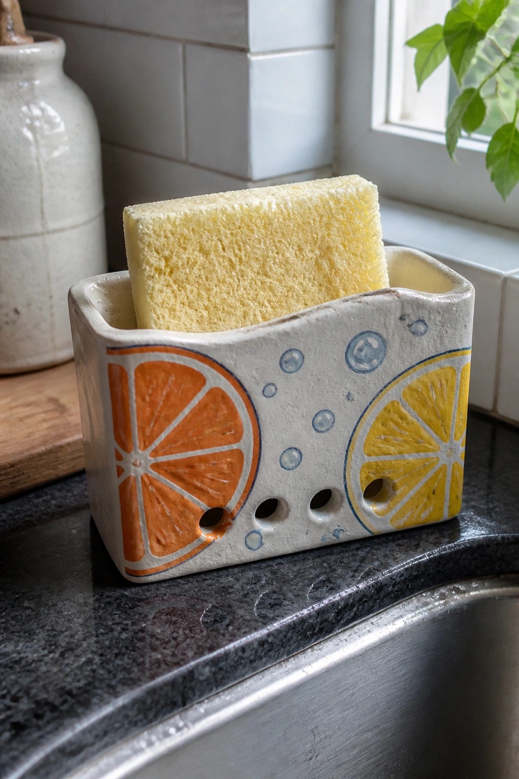 Yellow sponge in ceramic holder with orange and lemon slices plus blue bubbles