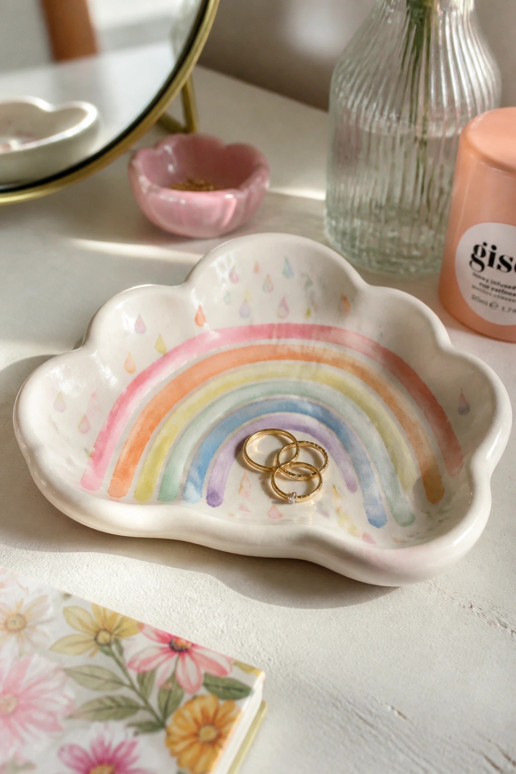 Ceramic cloud-shaped dish with colorful rainbow holding three gold rings