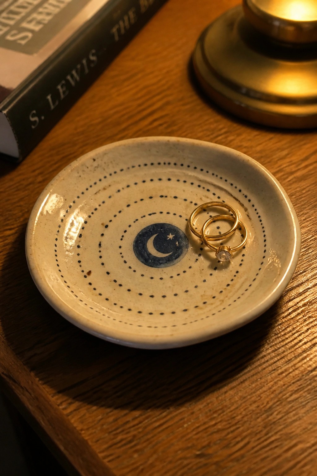 Gold rings with diamond in blue moon ceramic dish on wooden table